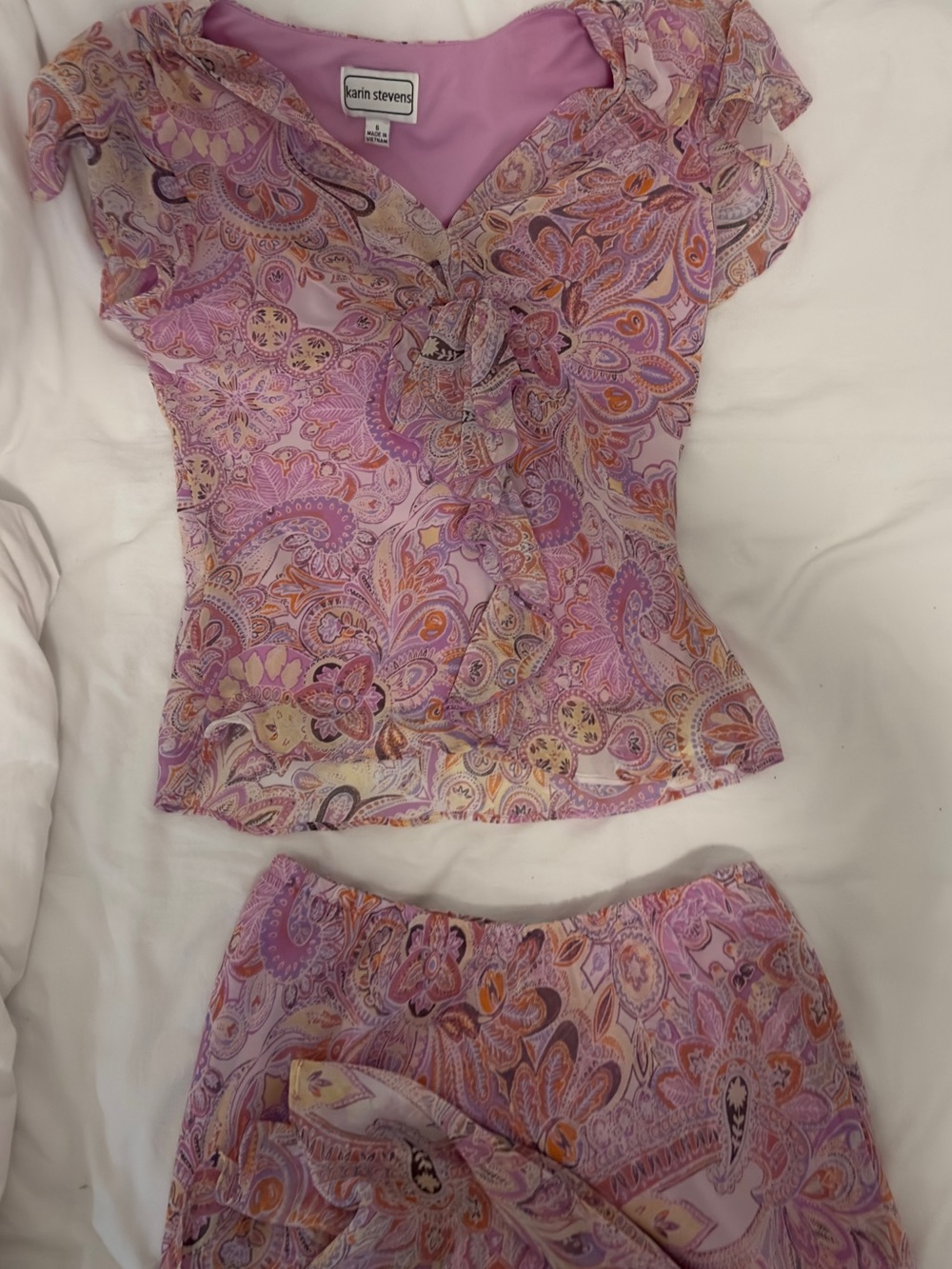 American Vintage Pink Paisley Ruffled Two-Piece Skirt Set